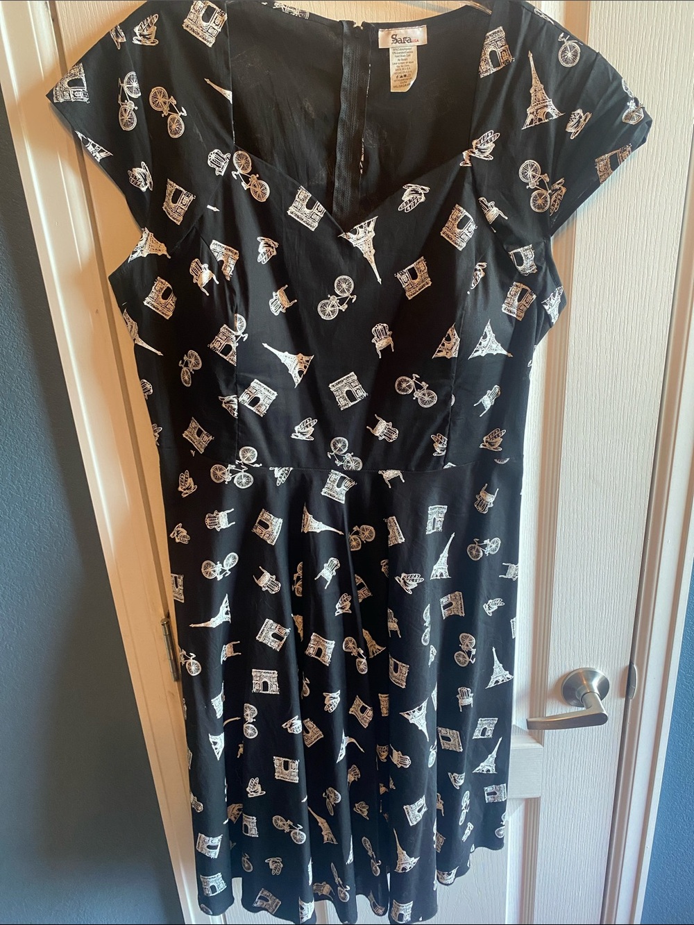 Black Eiffel Print A-line Midi Dress
